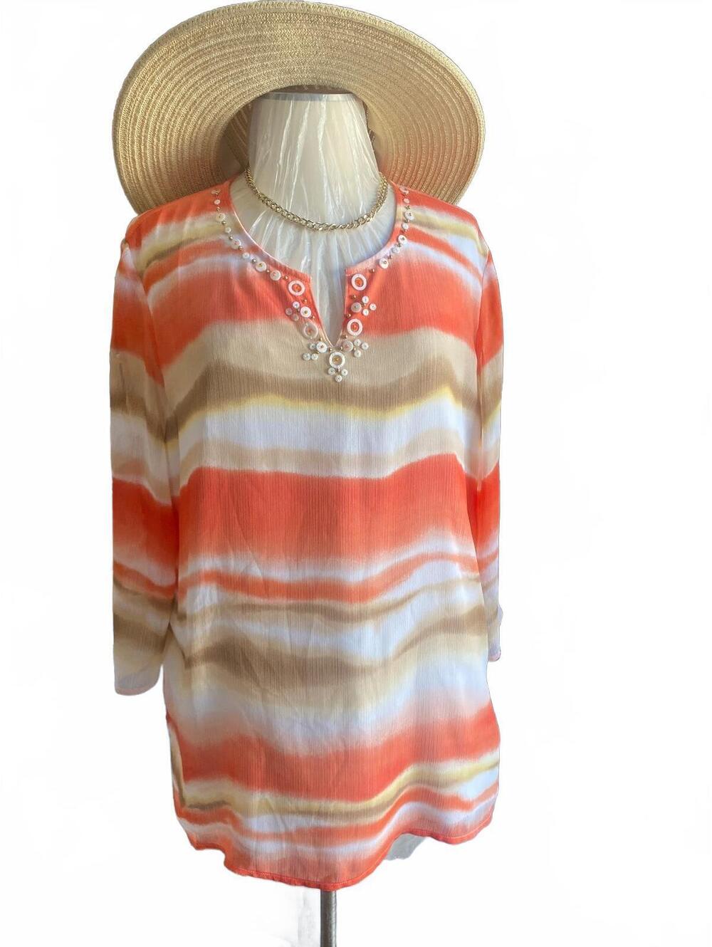 Alfred Dunner Lightweight Striped Tunic with Button Sleeves